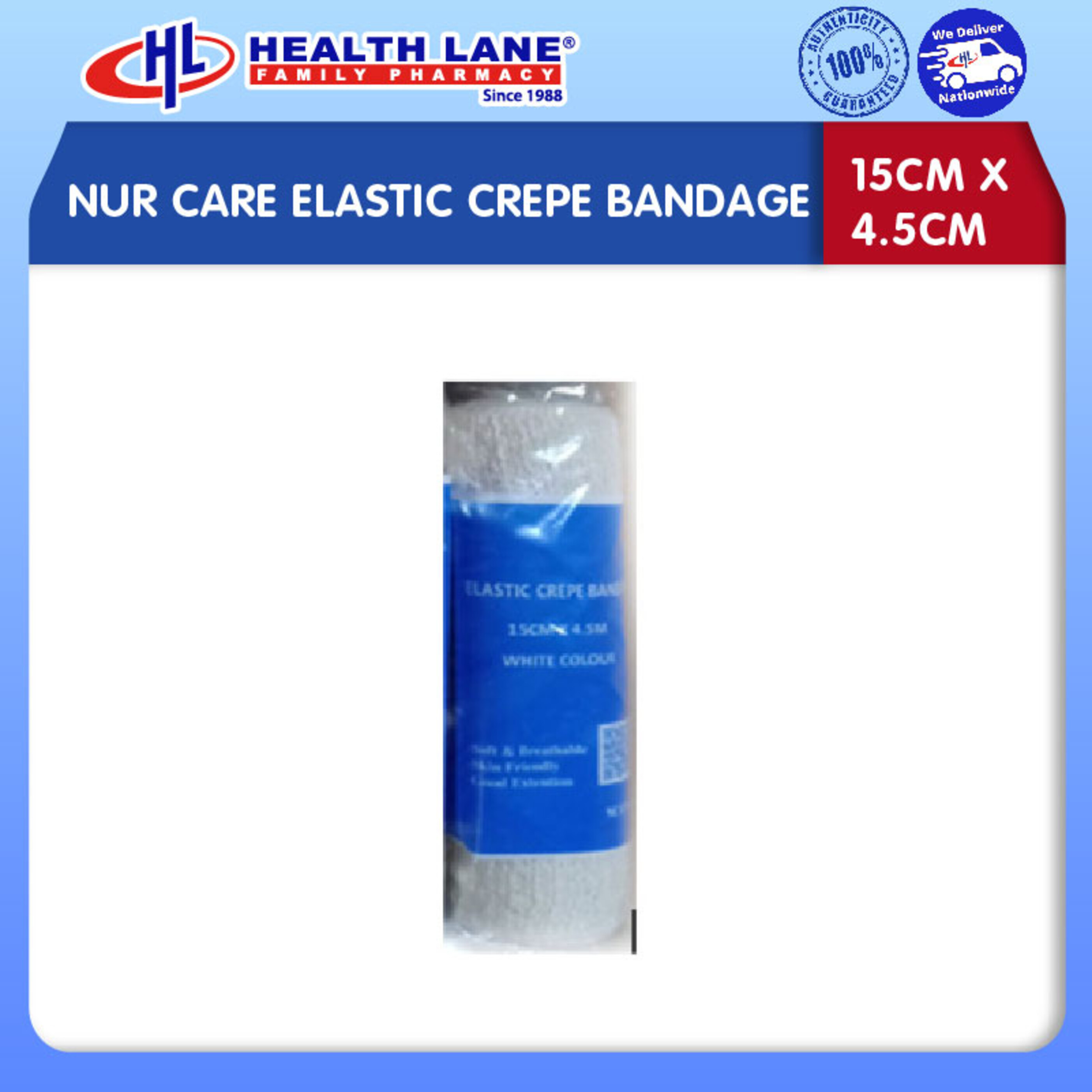 NUR CARE ELASTIC CREPE BANDAGE 15CMx4.5M 